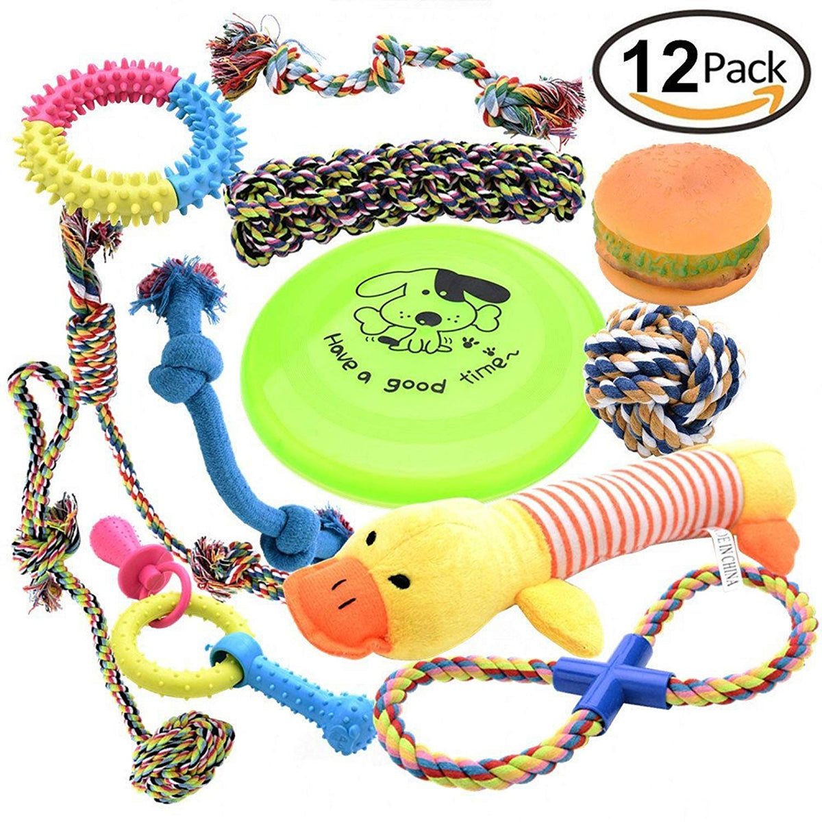 Pofar [12 Parck] Dog Toys Set with Ropes Chew Flying Squeak